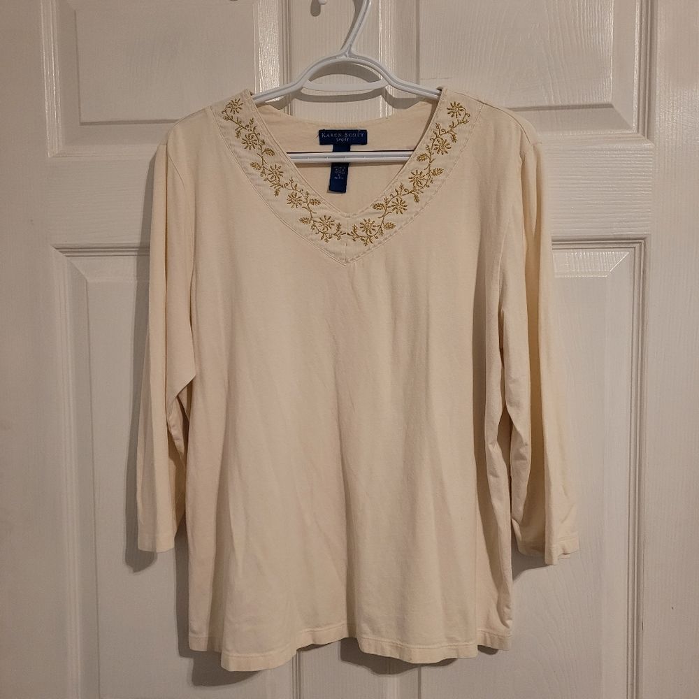 Karen Scott embroidered and beaded neckline top‎